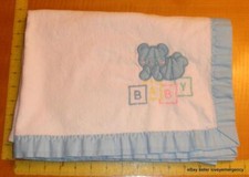 Vintage Cuddle Time Blue Trim Bear Blocks Baby Flannel Blanket Lovey