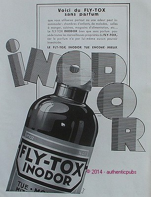 1933 FLY TOX TOILET AD KILLS FLIES ANTS MOSQUITO MOTHS FRENCH AD