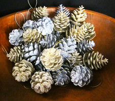 30 Vintage Glitter 2" Pine Cone Christmas Ornaments 15 Silver 15 Gold- No Bowl