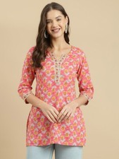 Pure Cotton Floral Printed Peach Women Short Kurti