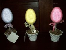 NEW SET OF 3 EASTER EGG TREES TABLE DECORATION 6 1/2" LAVENDER YELLOW PINK