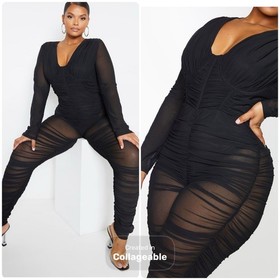 *NWT* PrettyLittleThing PLT Black Ruched Mesh Baddie Jumpsuit, Sz 22, Underwire