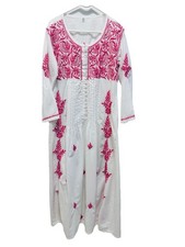Free Size Kaftan Dress M White Crochet Pink Floral Palm Beach Vacation Flowy