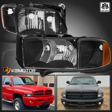 Black Fits 1999-2001 Dodge Ram 1500 Sport Model Headlights+Corner Lamps Pair