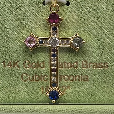 CHRISTIAN CROSS 14K Gold Plated Brass Cubic Zirconia Multicolor Necklace 16'' +2''