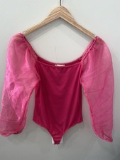 Altar'd State Ribbed Knit Pink Sheer Puff Sleeve Bodysuit Women s Medium