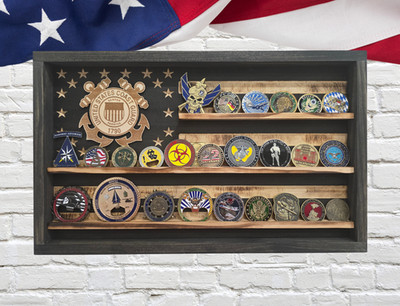 Rustic Personalized US Coast Guard Challenge Coin Rack: American Flag USCG