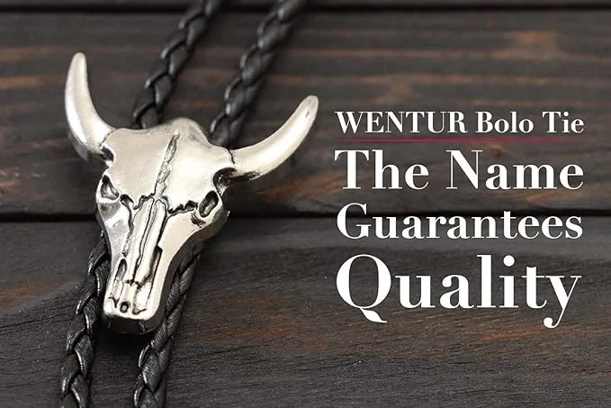Western Vintage Bolo Tie for Men - Cow Skull Design Cowboy Tie - Black Leather B