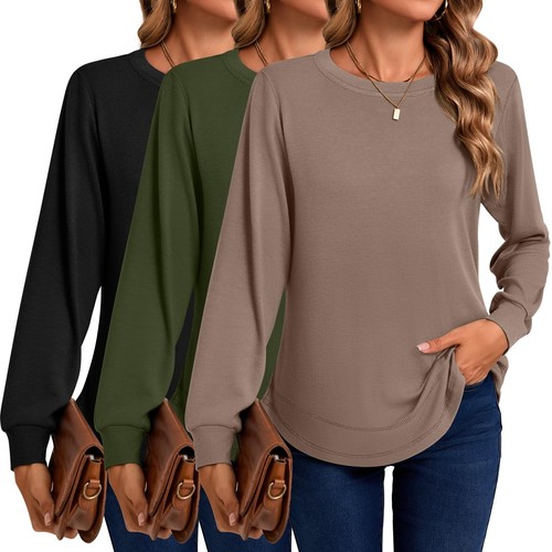 3 Pack Women's Long Sleeve Shirts, Casual Crew Neck Tunic Tops Loose Fit Pull...