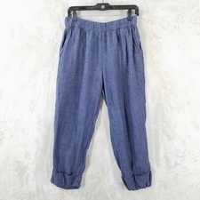 Sigrid Olsen Pants Women L Blue 100% Linen Cuff Cropped Elastic Waist Pockets