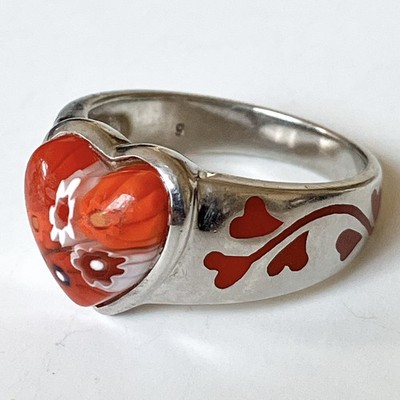 Alan K 925 Sterling Silber roter Murano Millefiori Herz Ring Größe R 1/2