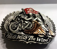 Ride with the Wind Motorcycle Belt Buckle Pewter Great American Products Skull -