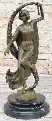 Woman with Thyrsus Bronze Dancer Girl Sculpture by Guirande on Marble Base