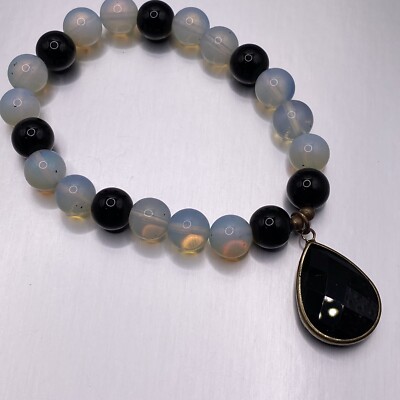 Glass Bead Bracelet Black Faceted Teardrop Charm Iridescent White Stretch 7''