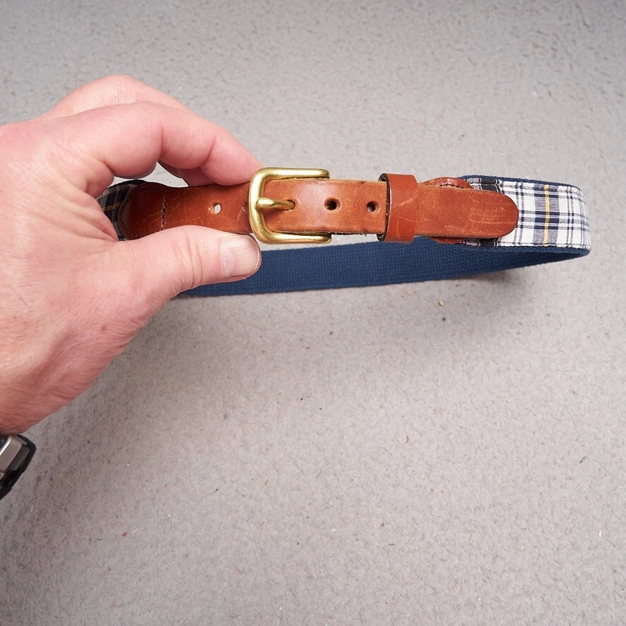 Cinturón Leather Man Ltd 28 Azul Madras Cuadros Algodón Lona Cuero Latón Para Hombre Foto 2 de 4