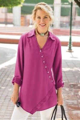 Soft Surroundings Washed Tencel Tunic Crossover Front Top Magenta Pink Sz LP