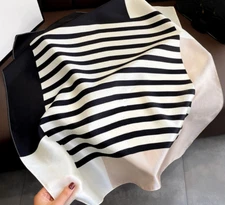 100%  Silk 26" Square Scarf Women neckerchief Wrap striped black beige ZT260