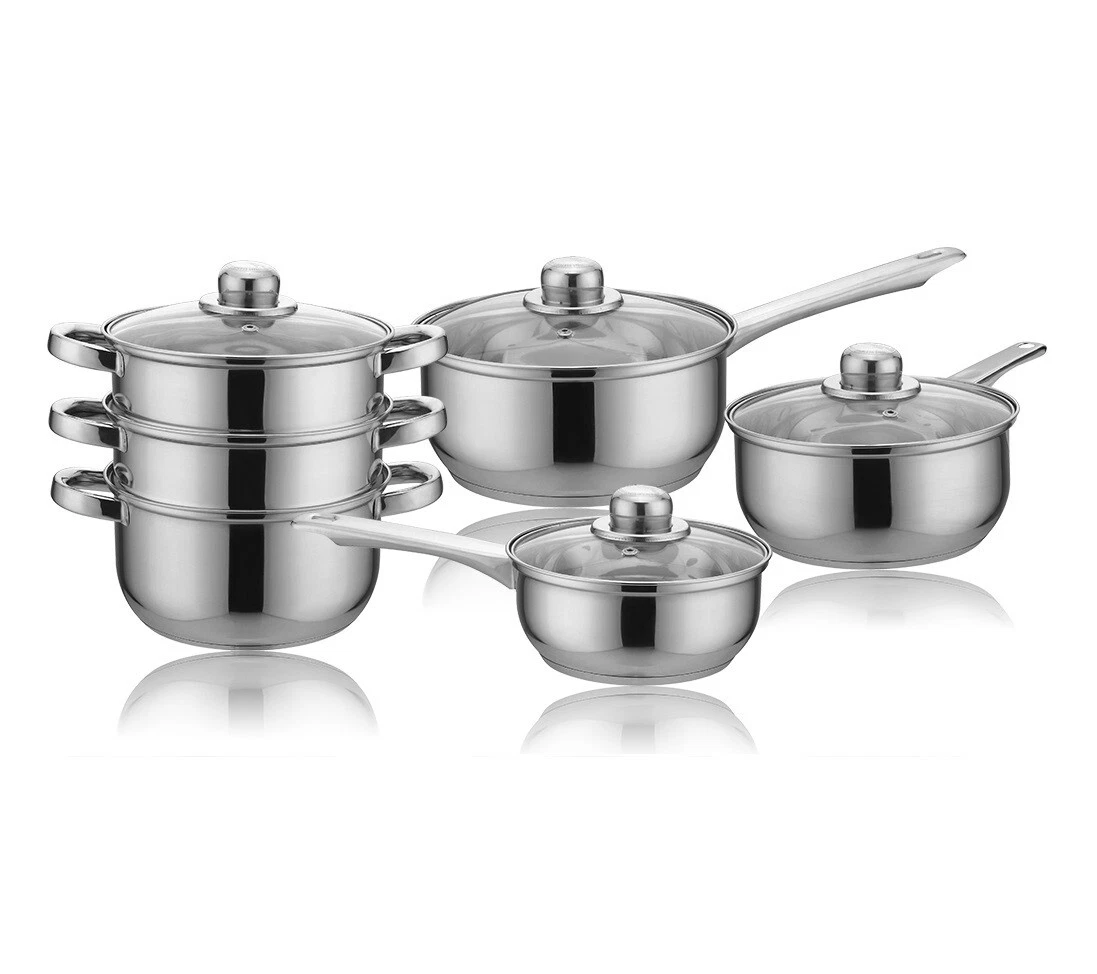 6pc Stainless Steel Steamer , Saucepan & Casserole Pots Set with Glass Lids