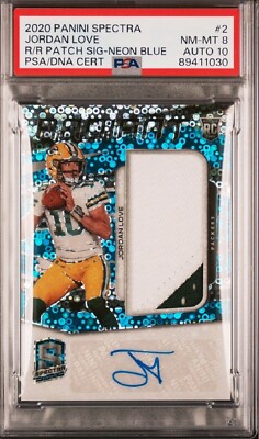 2020 Spectra Jordan Love Jersey #10 /50 Rookie Patch Auto Neon Blue PSA 8 PSA 10