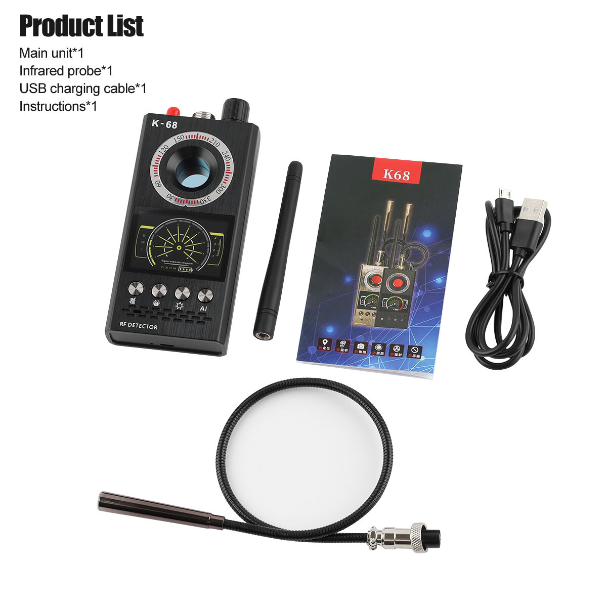 K68 Anti Spy Scanner Detector RF Camera GSM Audio Bug Finder