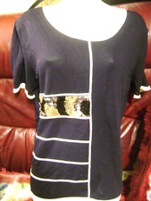 WOMEN'S BLOUSE / TOP Blue Trim: Metal Sequins,Trim White thin X L sz Made in USA