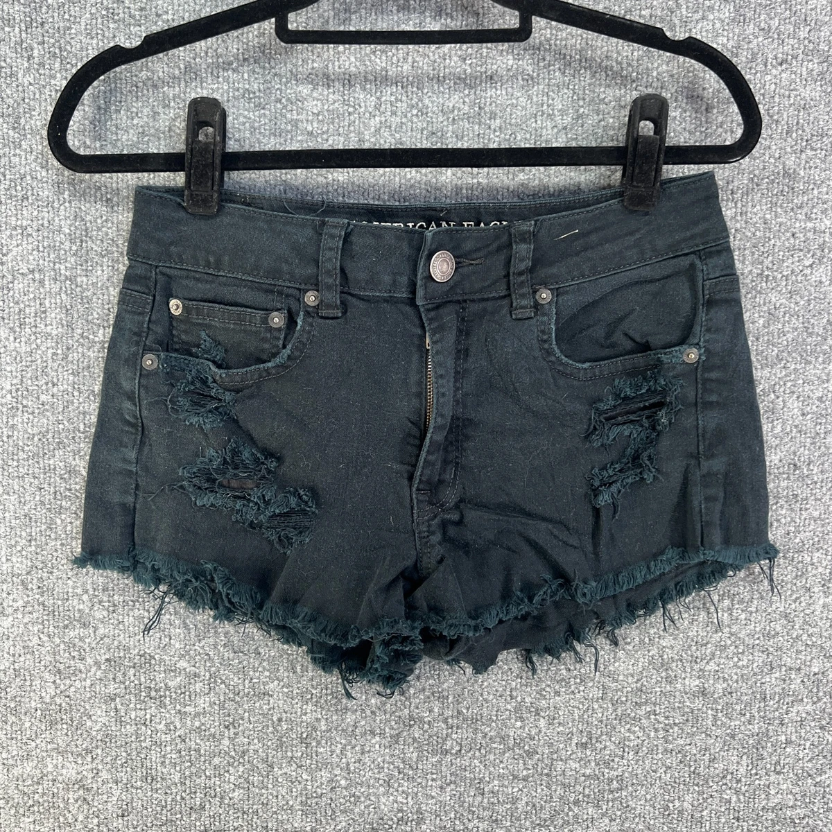 American Eagle Shorts Womens 6 Black Jean Denim Stretch Frayed Hem Dark Wash
