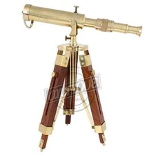 Telescope w/ Wooden Tripod Vintage Antique Nautical Decorative Mount Brass