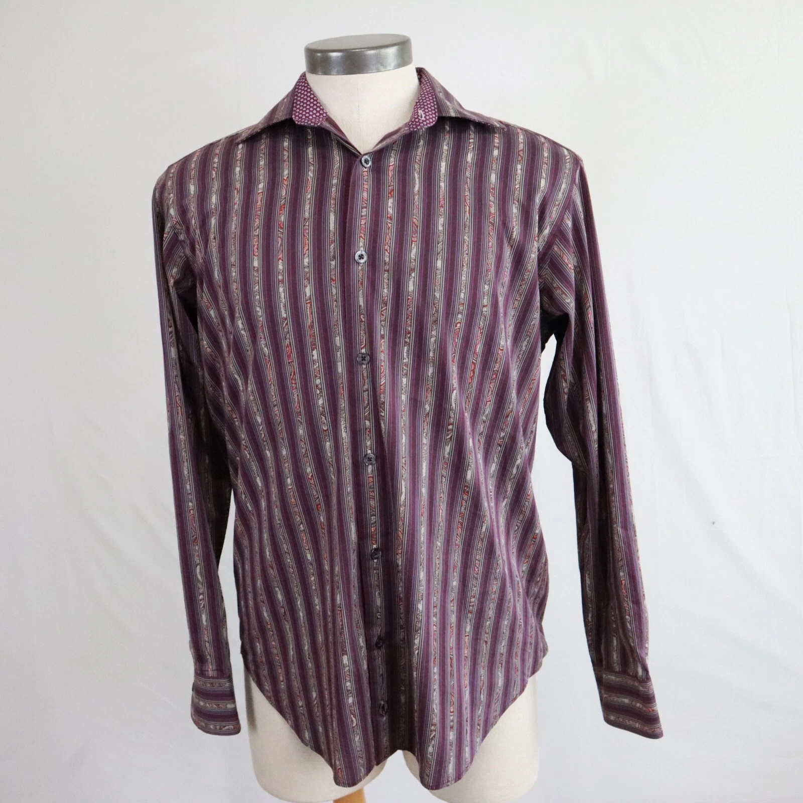 Bugatchi Uomo Shirt Mens Medium Casual Button Up Purple Striped Long Sleeve