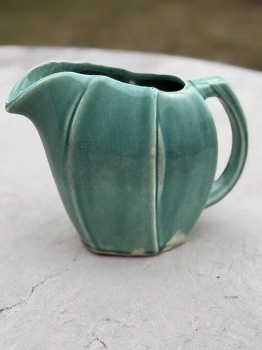 Vintage McCoy Tulip Leaf Turquoise Aqua Green Glaze  Pitcher Jug Pottery