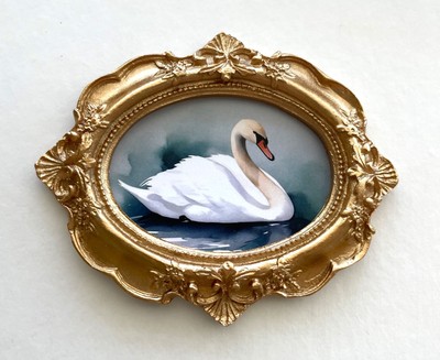 White Swan Framed Tiny Miniature Mini ART PRINT Gold Ornate Frame NOT ACEO