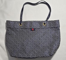 Tommy Hilfiger Navy Logo Jacquard Tote Bag Gold Hardware Shoulder Purse Classic