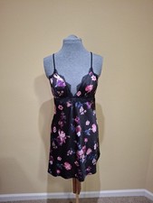 Victoria's Secret Slip Dress L Black Floral Satin Lingerie Cross Back Lace Trim