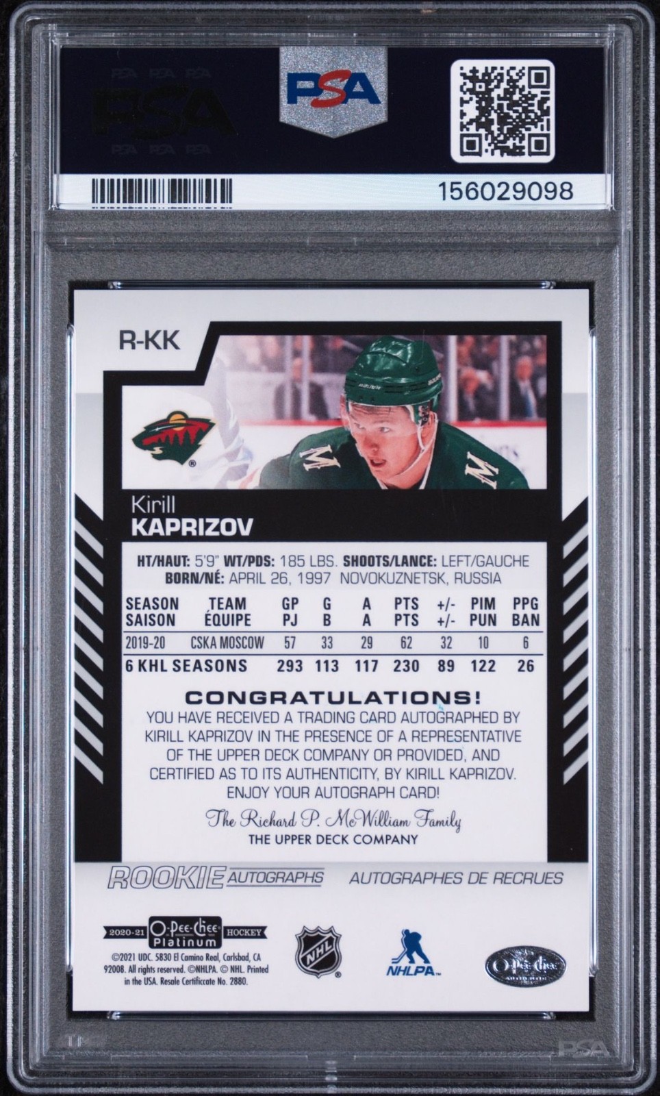2020-21 O-Pee-Chee Platinum Rookie Auto #R-KK Kirill Kaprizov PSA 10 view 2