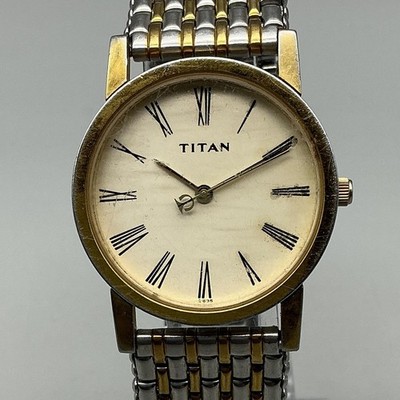 Titan Mens Watch 32mm Cream Dial Gold Two Tone Bracelet New Battery 7.75''