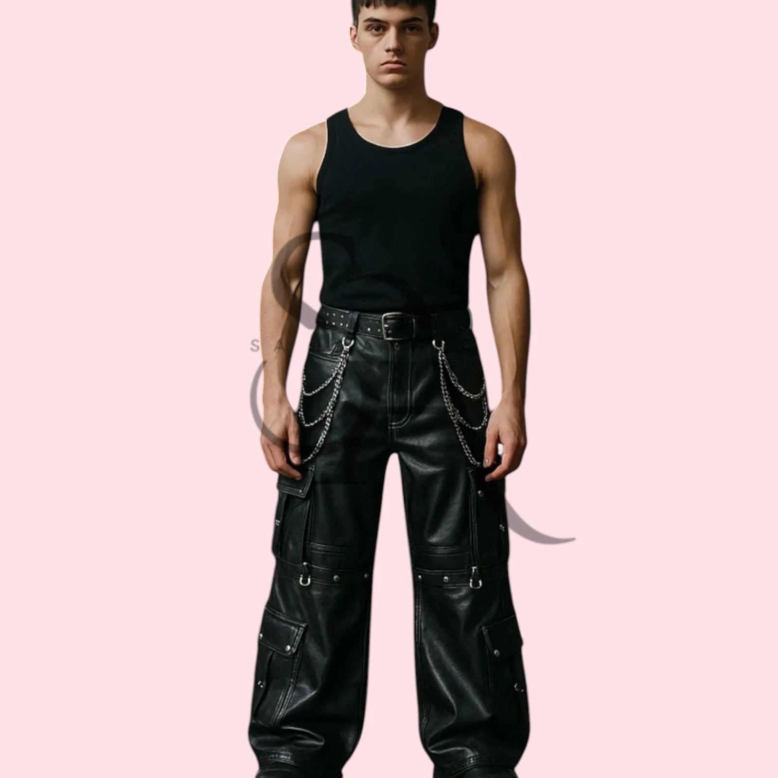 Men's Black Baggy Leather Pant Six Pockets Style Lambskin Leather Classic Pant