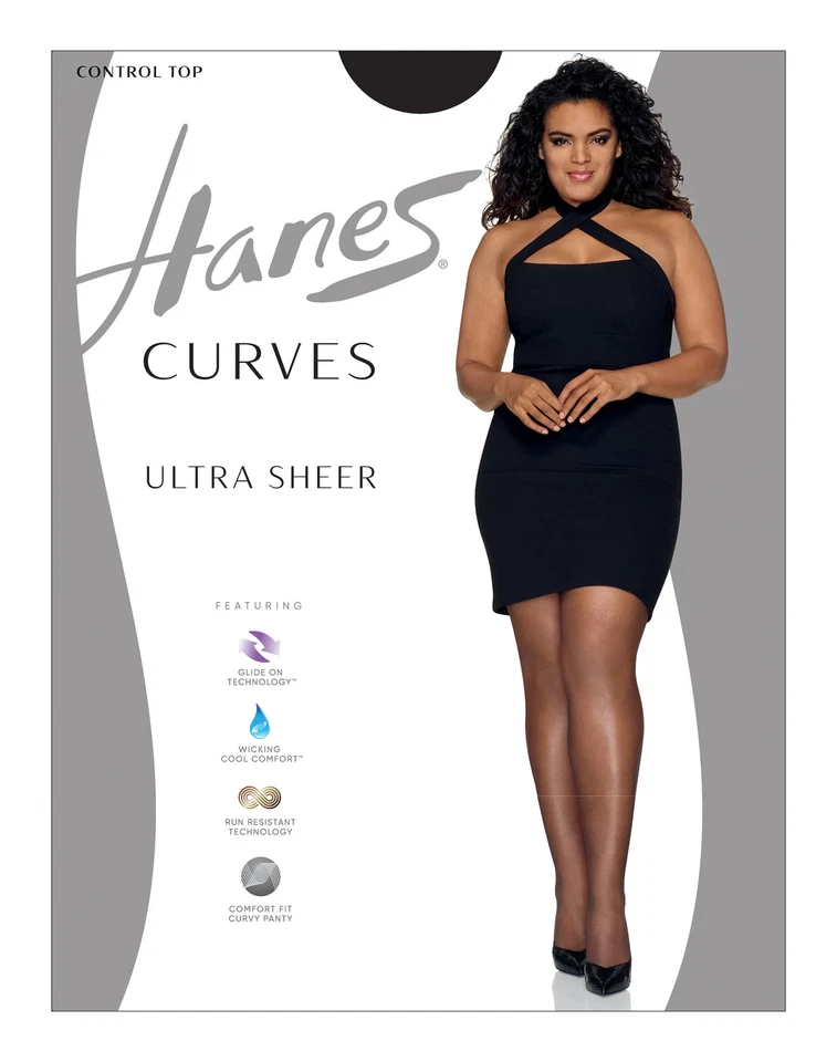 Hanes Curves Ultra Sheer Control Top Legwear Glide On Wicking Cool Comfort 内裤