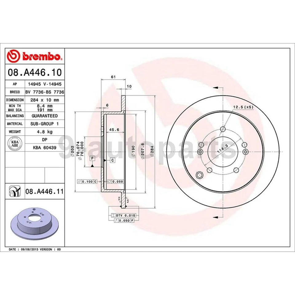 布雷博盘式制动转子前后 4 件套适合 2010 - 2015 现代图森 — 第 3/4 张图片
