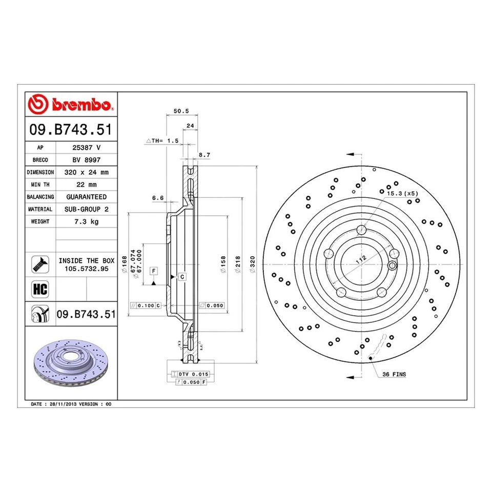 For Mercedes-Benz SL550 13-20 UV Coated Series Drilled Vented Rear Brake Rotor - Изображение 2 из 4