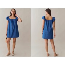 Kourt Nya Blue Floral Cotton Shift Mini Babydoll Dress Puff Sleeve Size XS