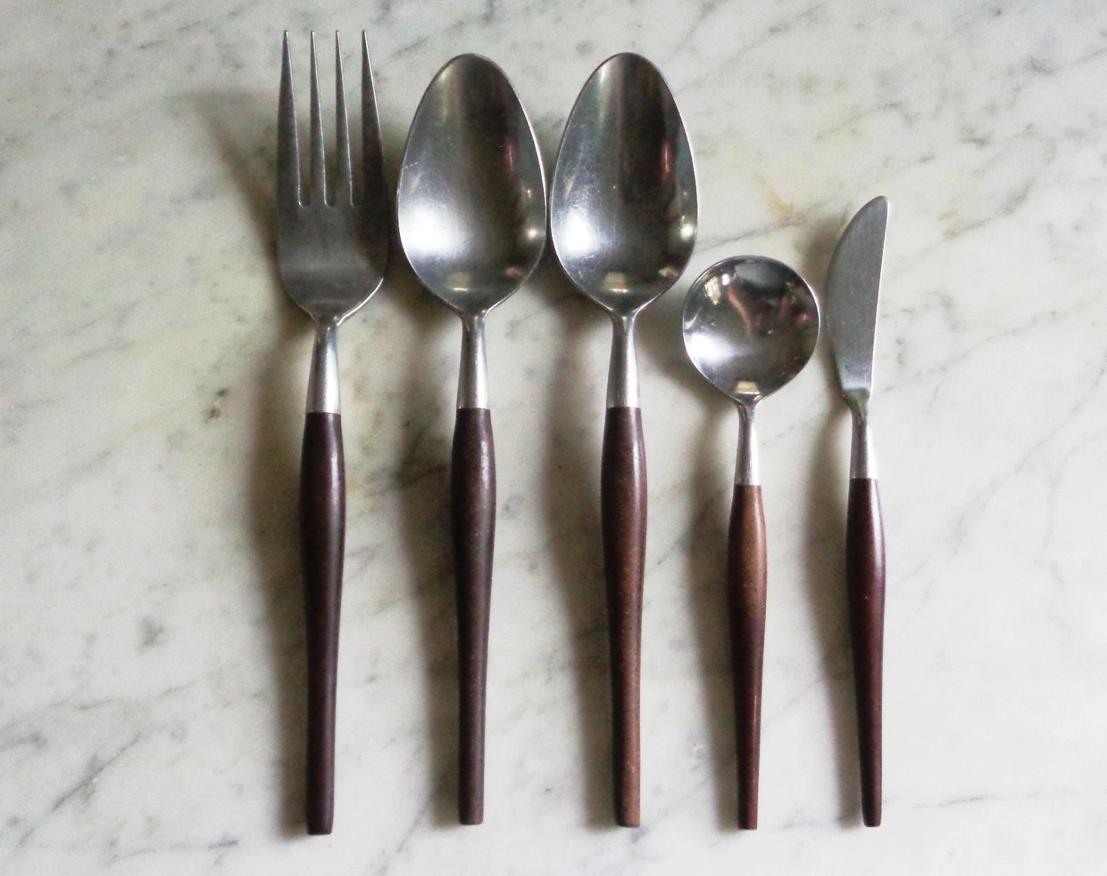 5 Canoe Muffin Vintage Japan Stainless Faux Wood Rounded Handle Serving Pieces