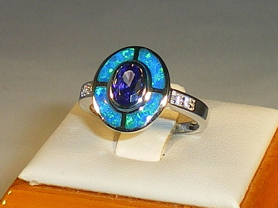 Anillo objetivo de tanzanita y zafiro ópalo de plata maciza 925 Art Deco para dama Foto 2 de 4