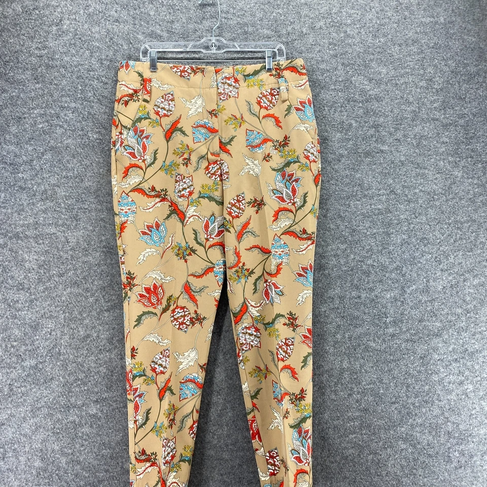 Pantalones para mujer 7th Avenue 14 marrones florales tiro alto plisados ajustados bolsillos chinos Foto 3 de 4