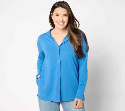 Denim & Co Beach French Terry Roll Tab Sleeve Hooded Jacket-Indigo-1X-A643843