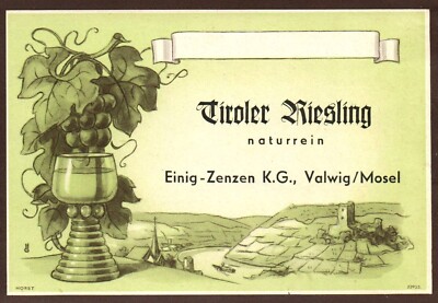 Vintage German Wine Label 1960s Tirol Riesling Zenzen Mosel