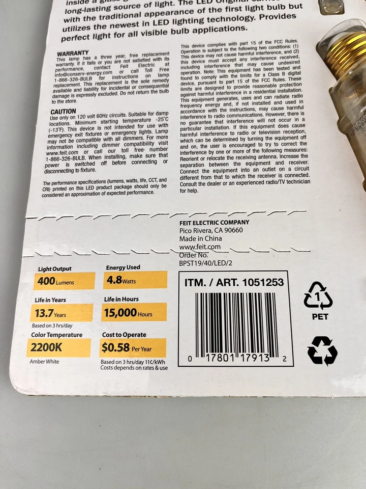 Feit Electric LED Vintage Style Bulbs Dimmable, Amber 2200K 400 Lumens 2-Pack  - Image 3 of 3