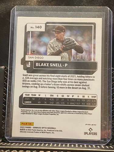 Blake Snell RC 2022 Donruss Optic Rated Rookie Red Dragon #56/99 Padres - Imagen 2 de 2