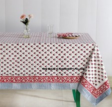 Cotton Block Print Floral Tablecloth Rectangle Red White Dining Linen 6 Napkins