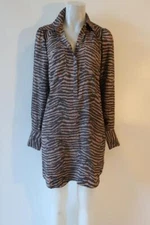 Womens Joie Talma Black Brown Long Sleeve Zebra Print Shift Shirt Dress M *