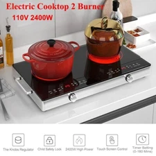 Electric Cooktop 2 Burner Portable Electric Stove Top Knob Control 110V 2400W