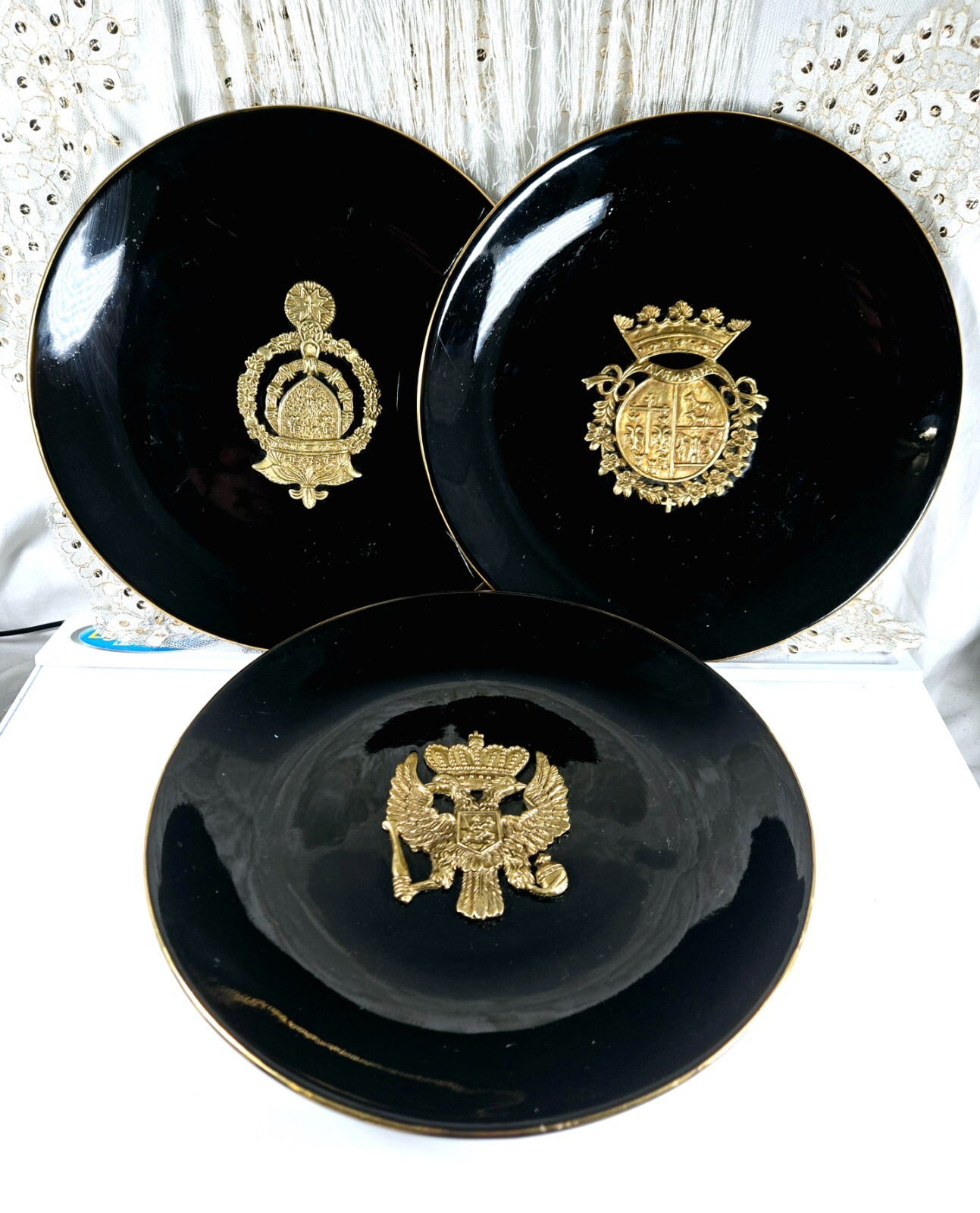 3D Brass Wall Plates with Heavy Black Hanging Chain Featuring Russian & Spanish Coat of Arms